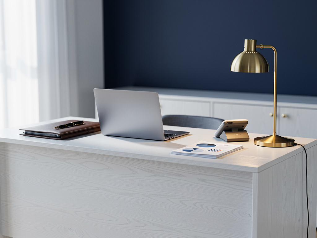 A calm reception desk with a laptop, a desk phone and a brass lamp against a navy wall, with no one in focus.