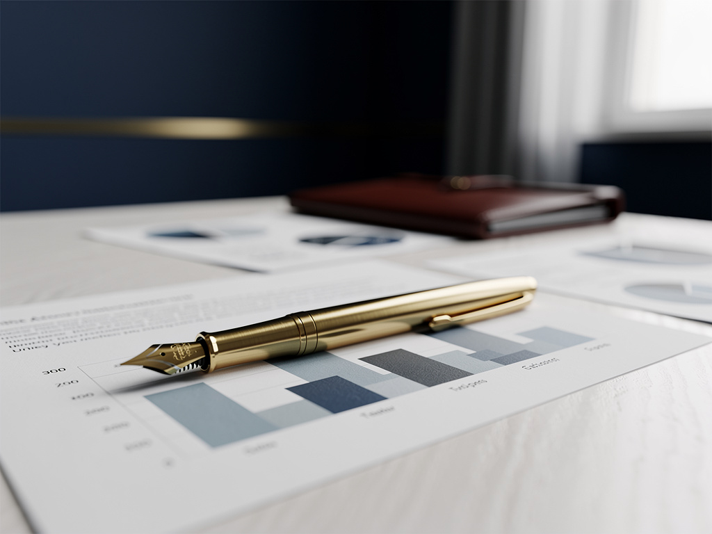 Close-up of a brass fountain pen resting on a printed page with an abstract bar chart, text unreadable.