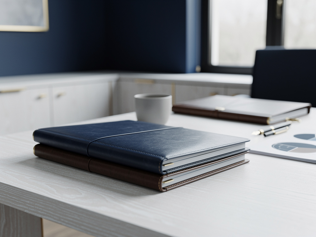 Two neatly stacked leather portfolios on a white oak desk next to a ceramic cup in soft daylight.