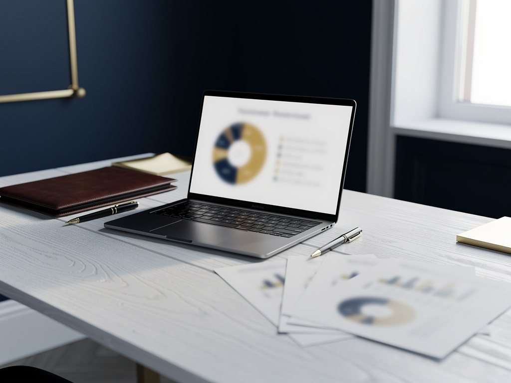 A laptop screen showing a blurred, abstract portfolio allocation chart in navy and gold tones.