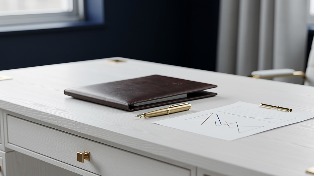 A white oak desk in a sunlit navy-walled office with a leather portfolio, a brass fountain pen and a printed report show
