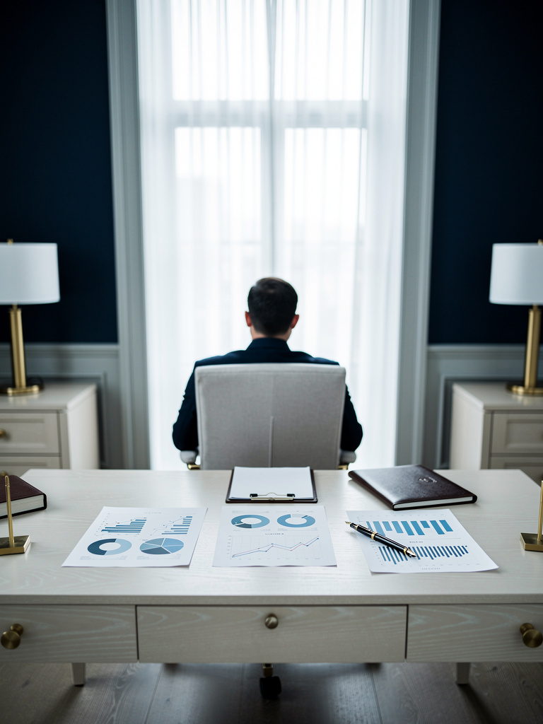 An advisor seen from behind at a desk by a tall window, reviewing printed charts, face out of frame.